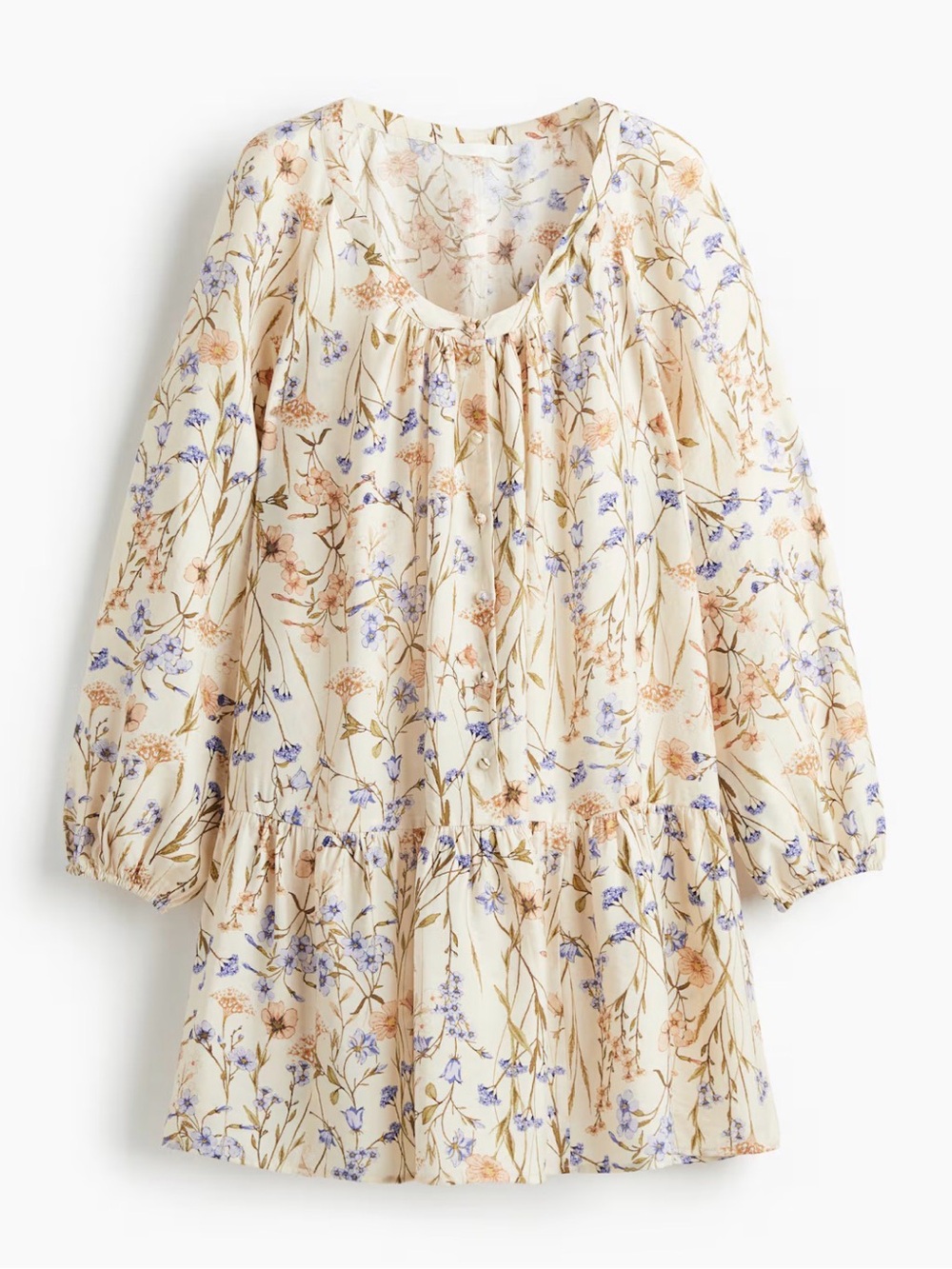 H&M Cream Floral Tiered Casual Dress with Blue and Tan Accents